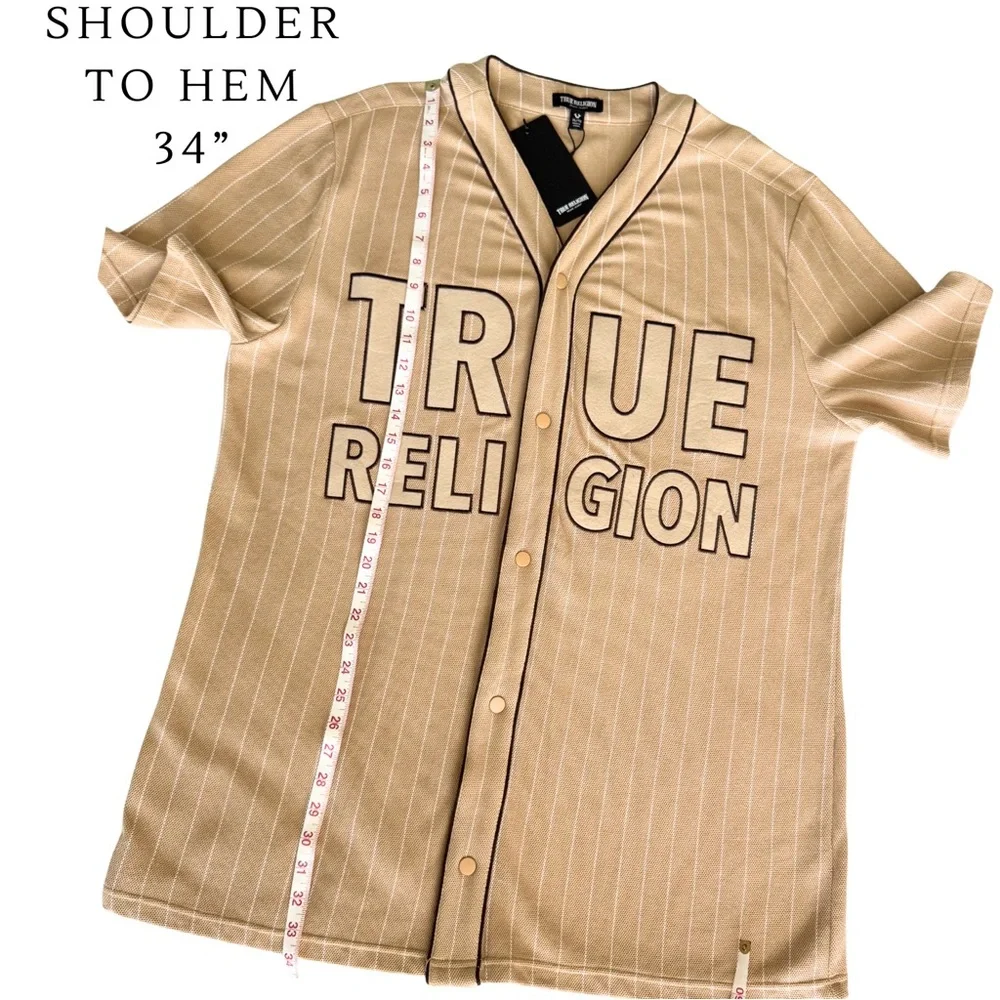 True Religion Mens Baseball Jersey Tan Khaki Pinstripe Button Front Shirt XL NEW